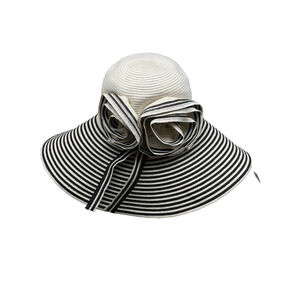 White House Black Market Wide Brim Straw Hat Floppy Foldable Black White Stripes